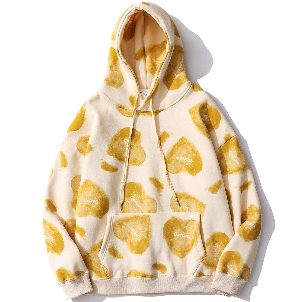 Hoodie Men Heart Inkjet Letter Printed Big Pocket Hooded Pullover Soft Cozy Plus Velvet High Street Harajuku Streetwear