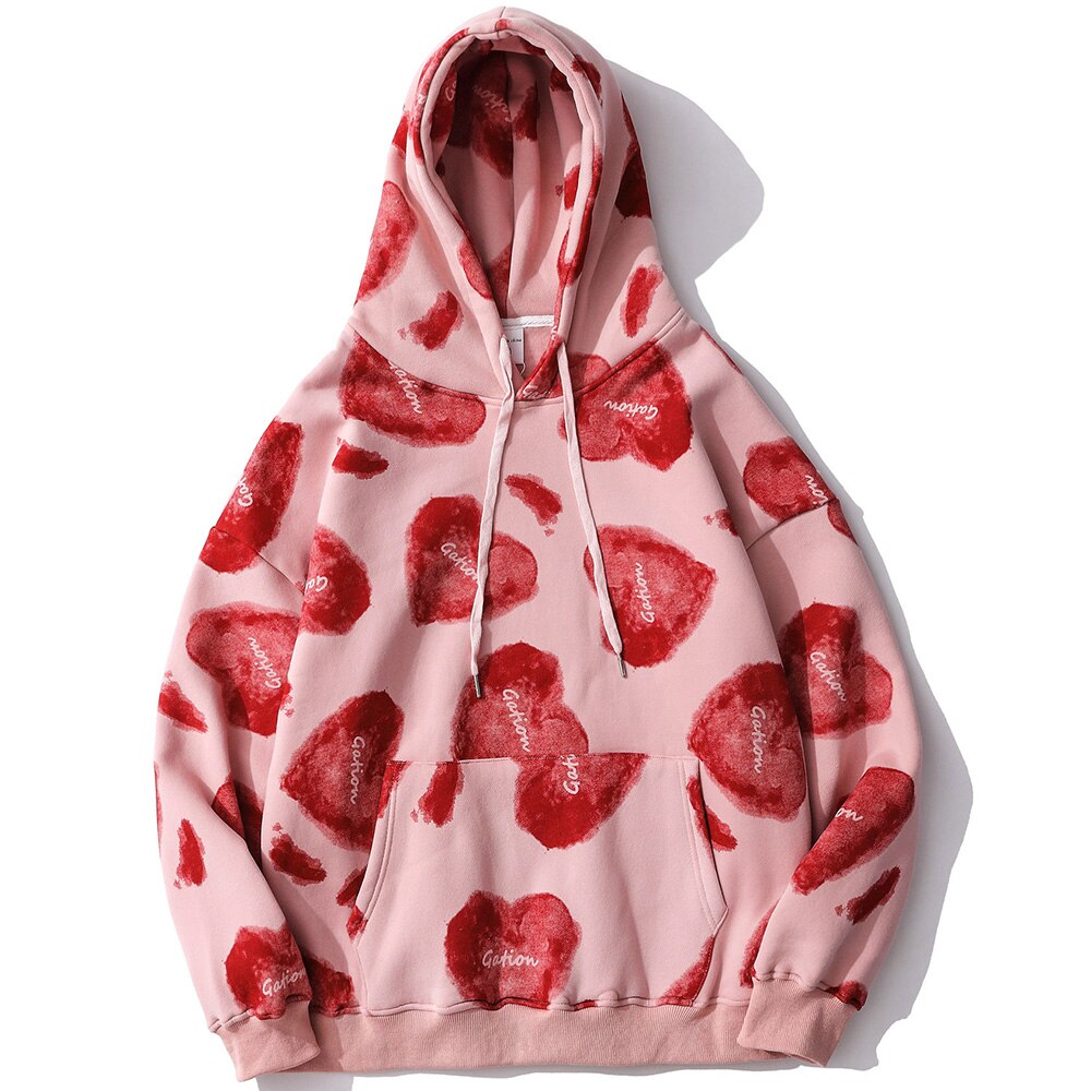 Hoodie Men Heart Inkjet Letter Printed Big Pocket Hooded Pullover Soft Cozy Plus Velvet High Street Harajuku Streetwear
