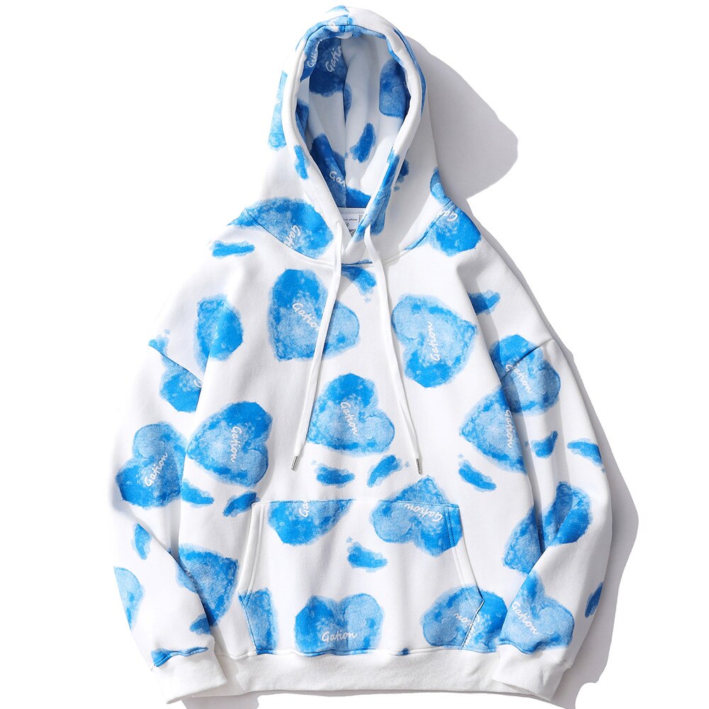 Hoodie Men Heart Inkjet Letter Printed Big Pocket Hooded Pullover Soft Cozy Plus Velvet High Street Harajuku Streetwear