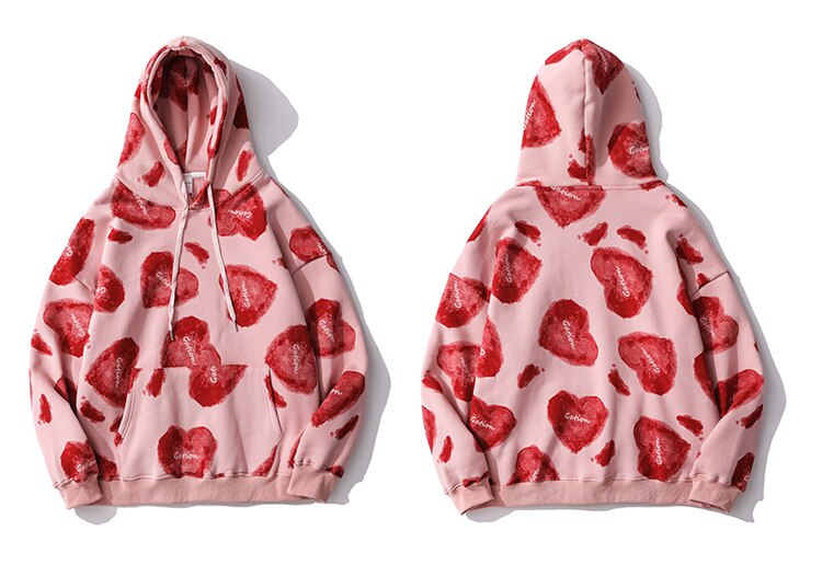 Hoodie Men Heart Inkjet Letter Printed Big Pocket Hooded Pullover Soft Cozy Plus Velvet High Street Harajuku Streetwear