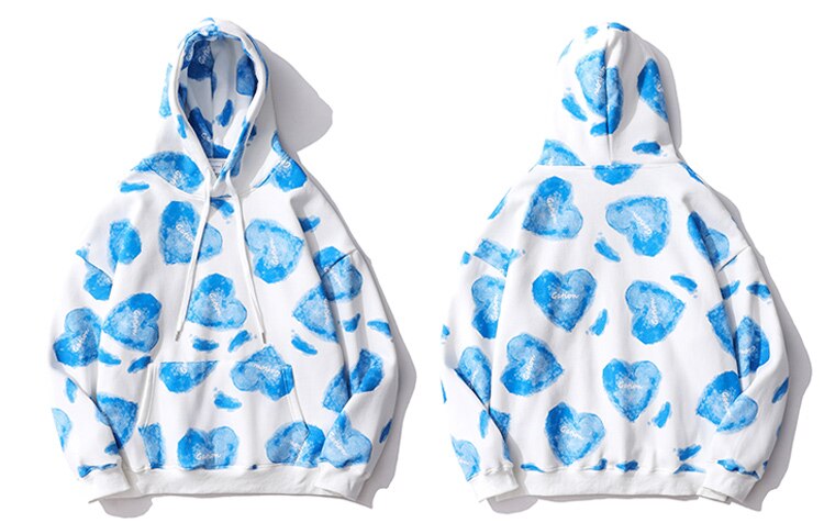 Hoodie Men Heart Inkjet Letter Printed Big Pocket Hooded Pullover Soft Cozy Plus Velvet High Street Harajuku Streetwear