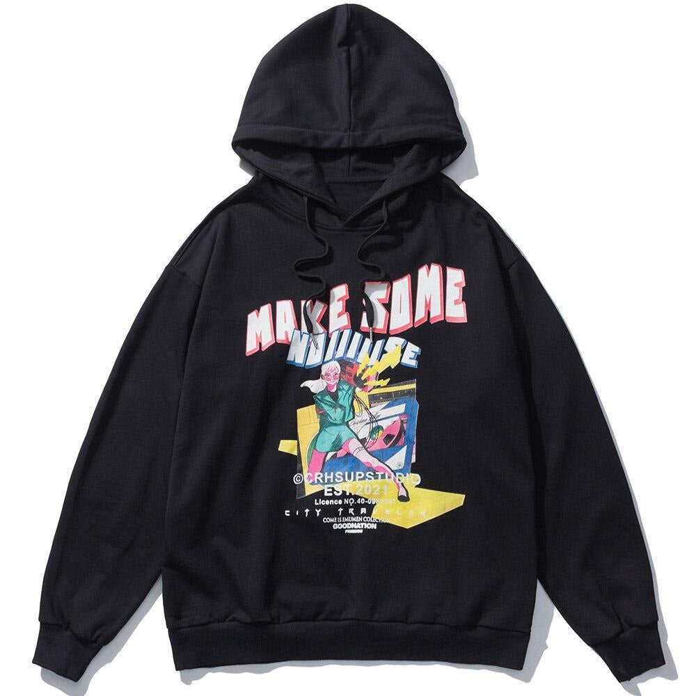 Hoodie Men Funny Girl Comics Anime Letter Print Hooded Pullover Autumn Cozy Japanese Hip Hop Harajuku Couple Streetwear