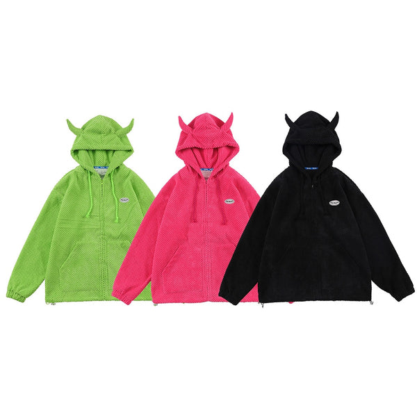 Hoodies Men Twist Knitting Demon Horns Solid Color Zipper Coats Soft Cozy Hipster Tops Hip Hop Loose Casual Streetwear