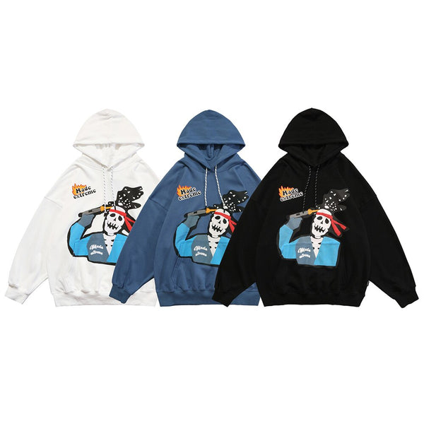 Hoodie Sweatshirt Men Color Block Skeleton Patch Streetwear Autumn Hooded Baggy Fashion Harajuku Hip Hop Style Pullover