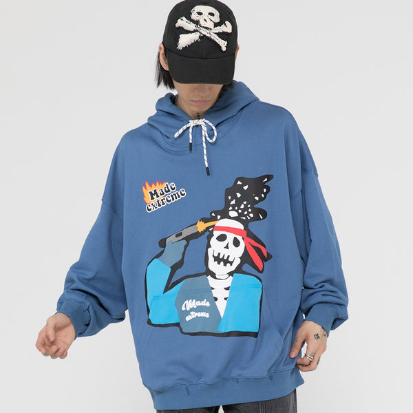 Hoodie Sweatshirt Men Color Block Skeleton Patch Streetwear Autumn Hooded Baggy Fashion Harajuku Hip Hop Style Pullover