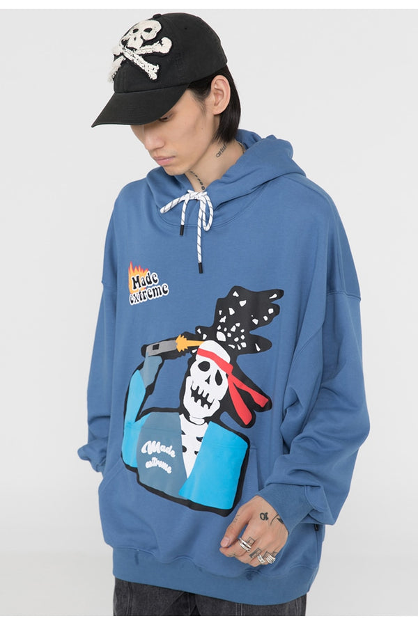 Hoodie Sweatshirt Men Color Block Skeleton Patch Streetwear Autumn Hooded Baggy Fashion Harajuku Hip Hop Style Pullover