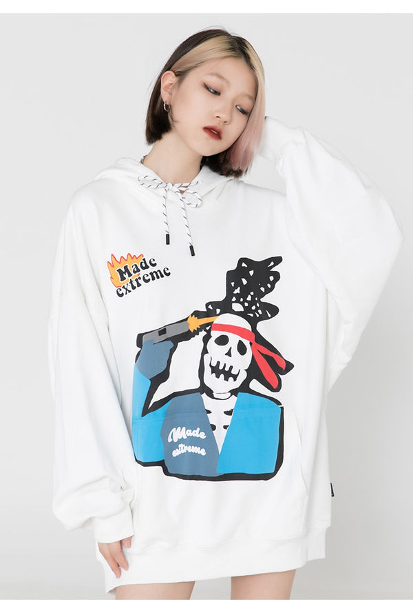 Hoodie Sweatshirt Men Color Block Skeleton Patch Streetwear Autumn Hooded Baggy Fashion Harajuku Hip Hop Style Pullover