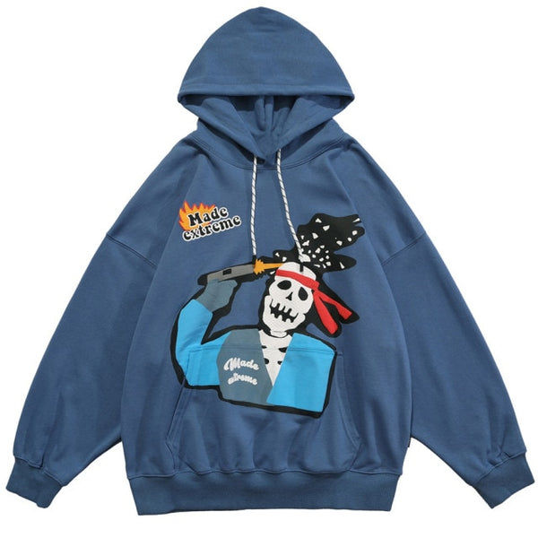 Hoodie Sweatshirt Men Color Block Skeleton Patch Streetwear Autumn Hooded Baggy Fashion Harajuku Hip Hop Style Pullover