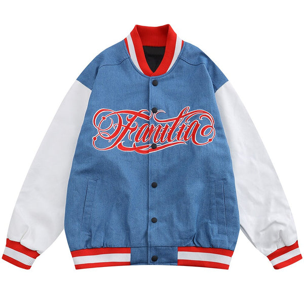 Jacket Men Denim Leather Patchwork Color Letter Embroidery Baggy Fashion High Street Style Baseball Jacket Autumn Coats