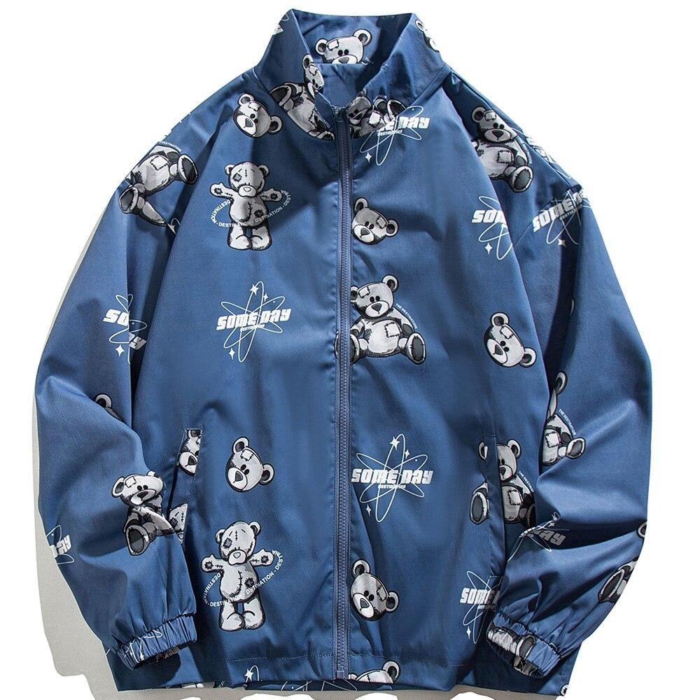 Track Jacket Men Bear Letter Print Zipper Windbreaker Coat Autumn Casual Baggy Fashion Hip Hop Jacket Couple Streetwear