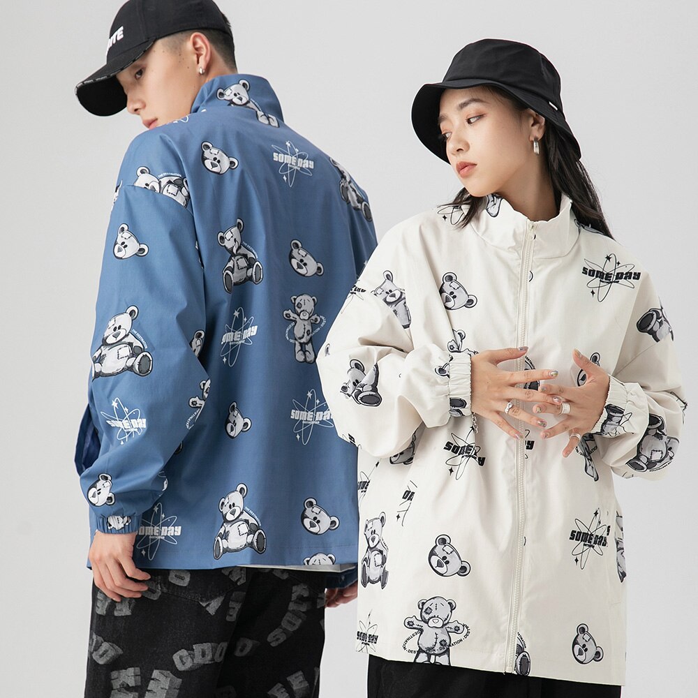 Track Jacket Men Bear Letter Print Zipper Windbreaker Coat Autumn Casual Baggy Fashion Hip Hop Jacket Couple Streetwear