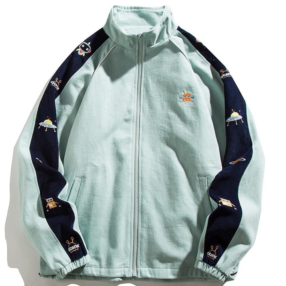 Zipper Jacket Men Robot Embroidery Patchwork Color Varsity Coat Couple Fashion Harajuku College Style Streetwear Autumn