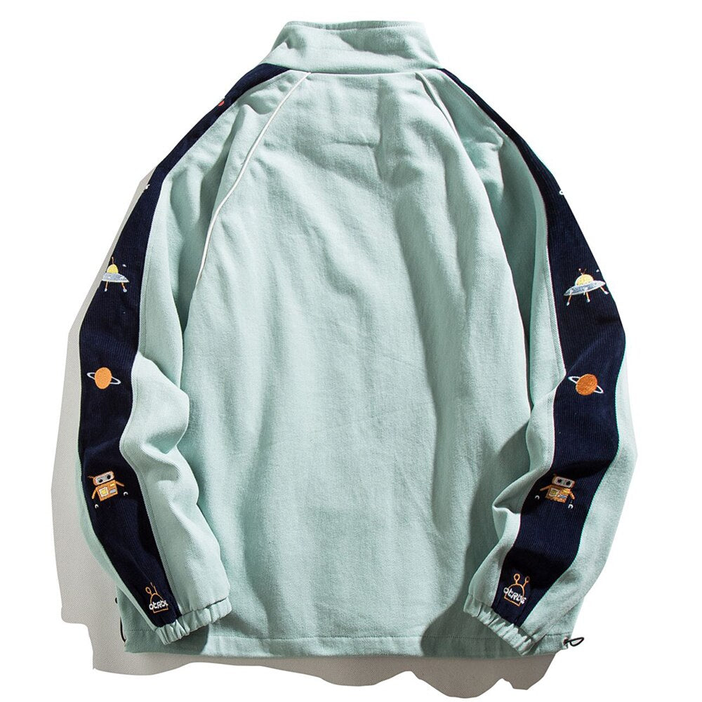 Zipper Jacket Men Robot Embroidery Patchwork Color Varsity Coat Couple Fashion Harajuku College Style Streetwear Autumn