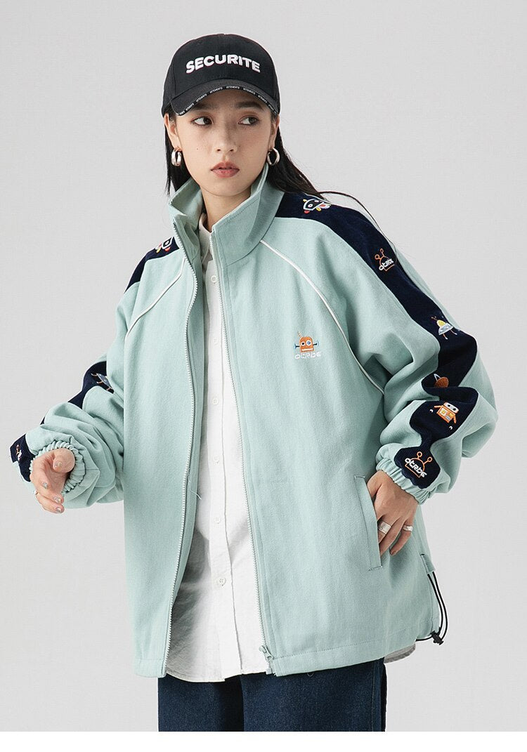 Zipper Jacket Men Robot Embroidery Patchwork Color Varsity Coat Couple Fashion Harajuku College Style Streetwear Autumn