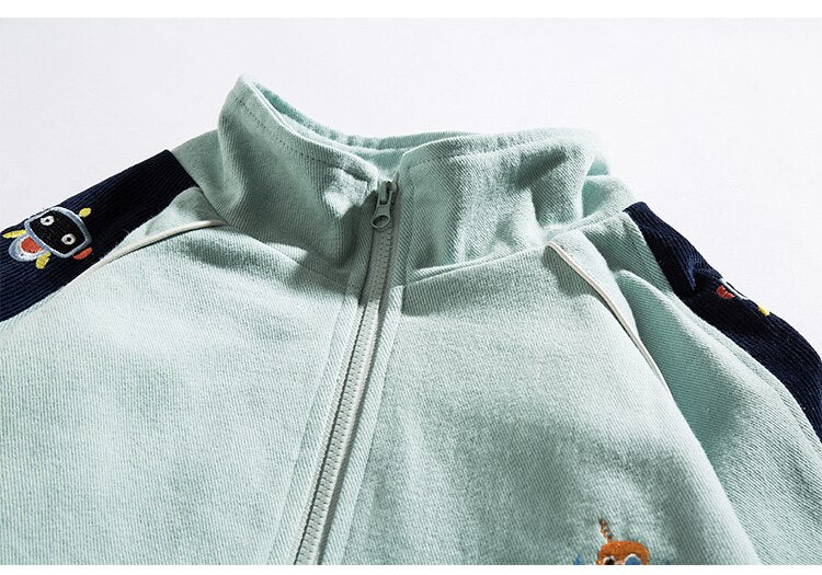 Zipper Jacket Men Robot Embroidery Patchwork Color Varsity Coat Couple Fashion Harajuku College Style Streetwear Autumn