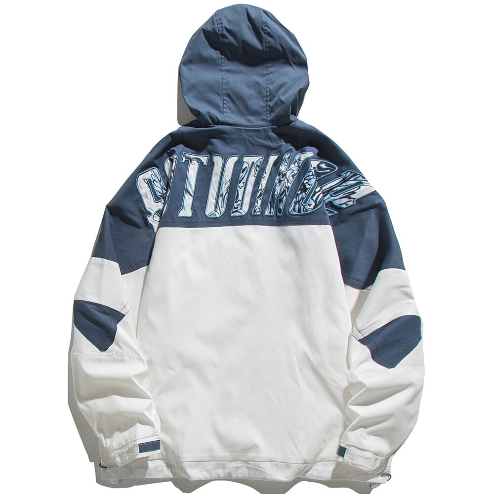 Jacket Men Letter Patch Color Block Zipper Hooded Windbreaker Men Casual Loose Harajuku High Street Outwear Coat Autumn