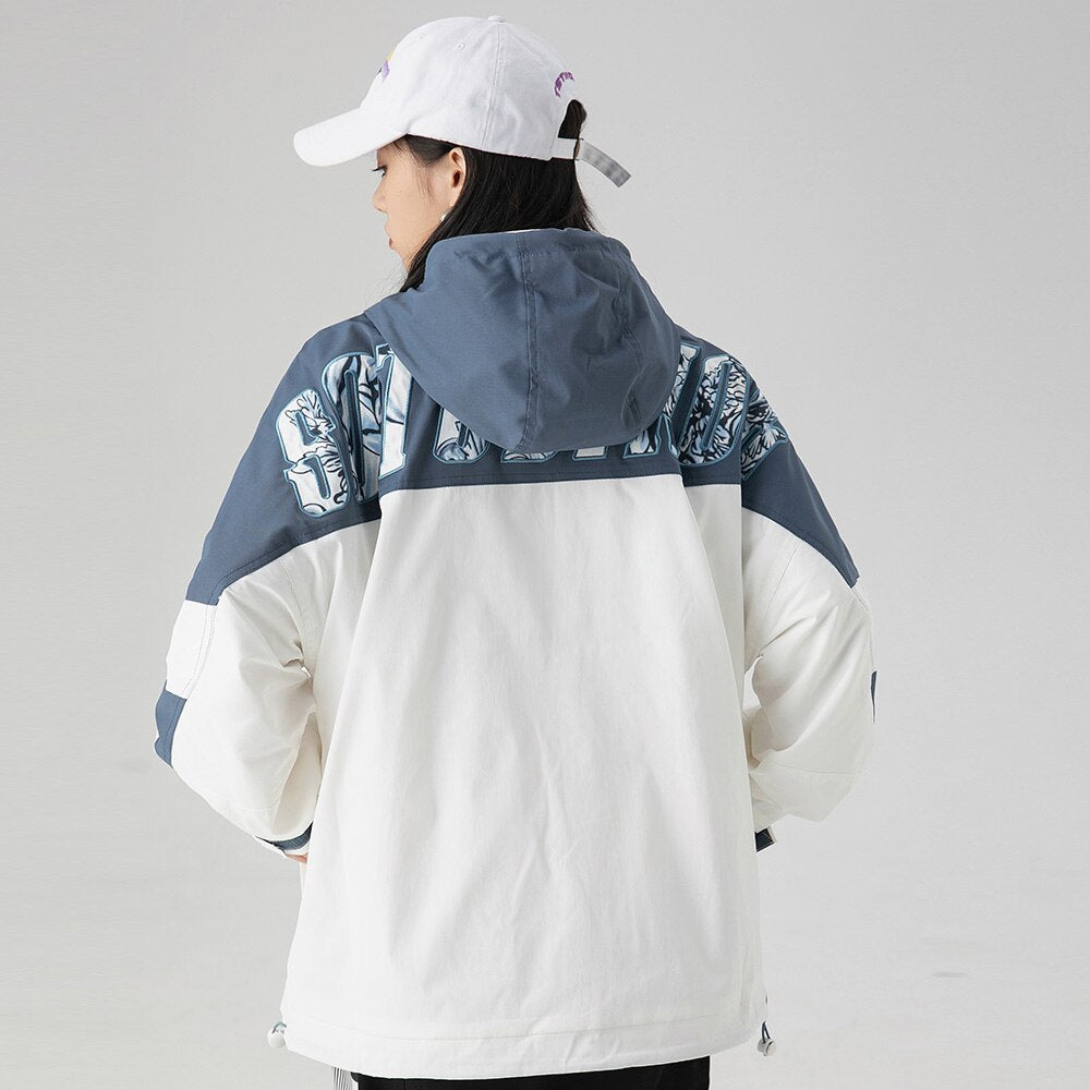 Jacket Men Letter Patch Color Block Zipper Hooded Windbreaker Men Casual Loose Harajuku High Street Outwear Coat Autumn