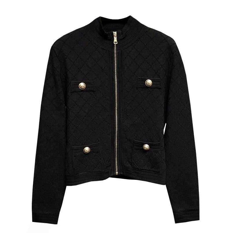 Spring Fall Zipper Knit Cardigan All-Match Black&amp;White Long Sleeve Temperament Women Slim Sweater Outwear Harajuku