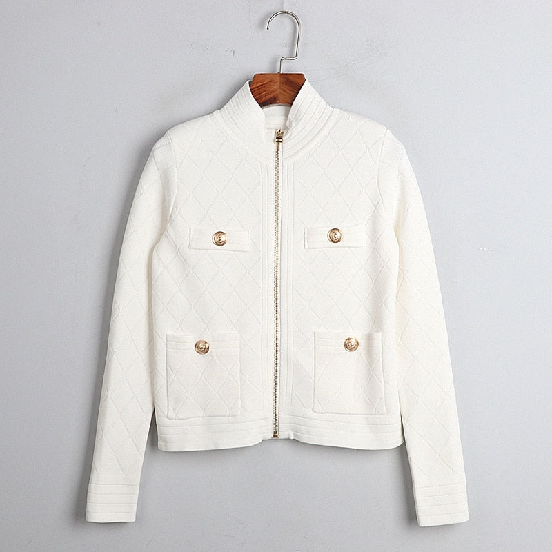 Spring Fall Zipper Knit Cardigan All-Match Black&White Long Sleeve Temperament Women Slim Sweater Outwear Harajuku