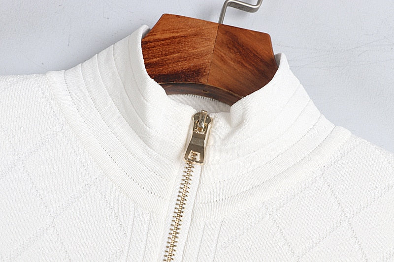 Spring Fall Zipper Knit Cardigan All-Match Black&White Long Sleeve Temperament Women Slim Sweater Outwear Harajuku