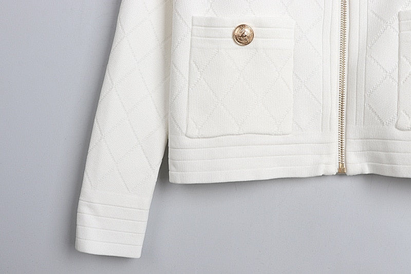 Spring Fall Zipper Knit Cardigan All-Match Black&White Long Sleeve Temperament Women Slim Sweater Outwear Harajuku