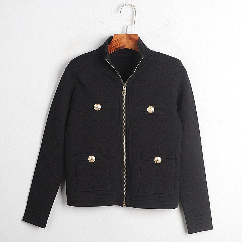 Spring Fall Zipper Knit Cardigan All-Match Black&White Long Sleeve Temperament Women Slim Sweater Outwear Harajuku