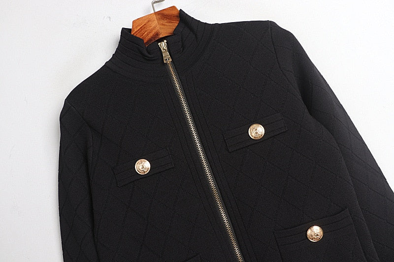 Spring Fall Zipper Knit Cardigan All-Match Black&White Long Sleeve Temperament Women Slim Sweater Outwear Harajuku