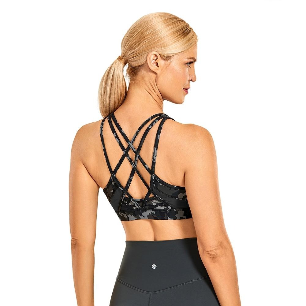 Women's Strappy Sports Bras V Neck Medium Impact Wirefree Padded Yoga Bras with Built in Bra