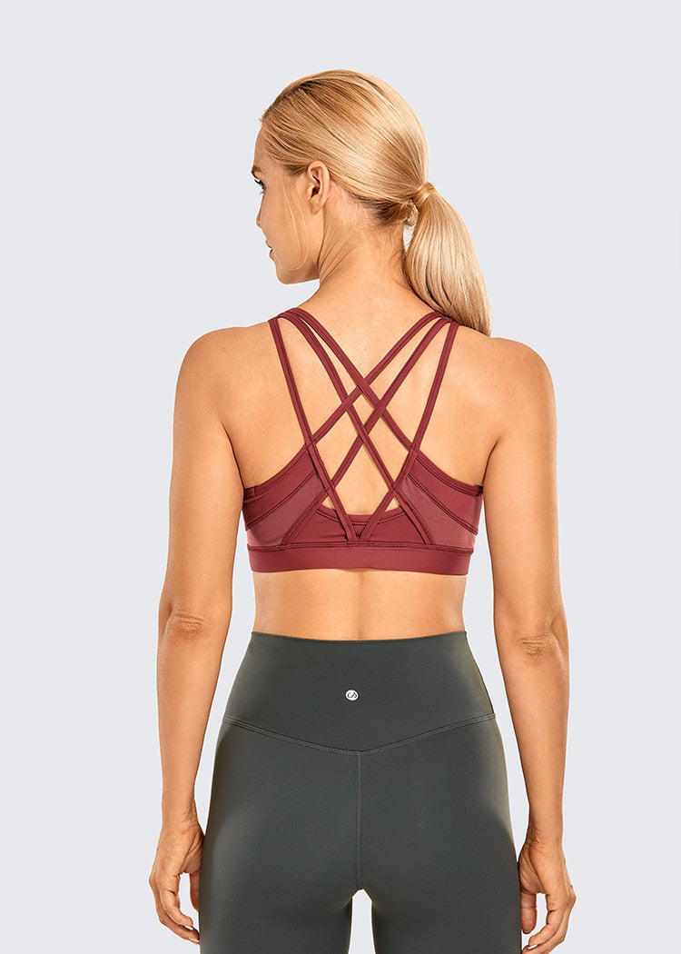 Women's Strappy Sports Bras V Neck Medium Impact Wirefree Padded Yoga Bras with Built in Bra