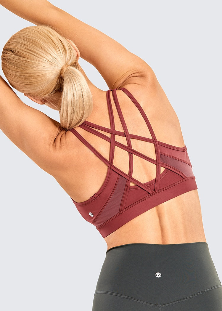Women's Strappy Sports Bras V Neck Medium Impact Wirefree Padded Yoga Bras with Built in Bra