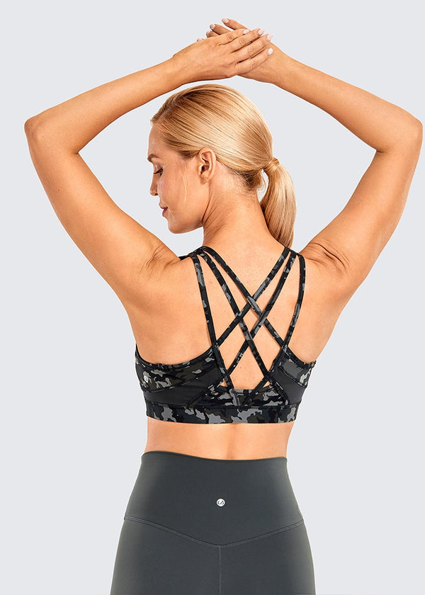 Women's Strappy Sports Bras V Neck Medium Impact Wirefree Padded Yoga Bras with Built in Bra
