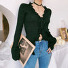 Fall New Arrival Slim V-Neck Ruffle Women Buttons Sweater Elastic Flare Sleeve Knitted Cardigans Long Sleeve Tops