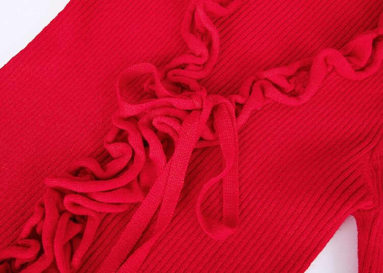 Fall New Arrival Slim V-Neck Ruffle Women Buttons Sweater Elastic Flare Sleeve Knitted Cardigans Long Sleeve Tops