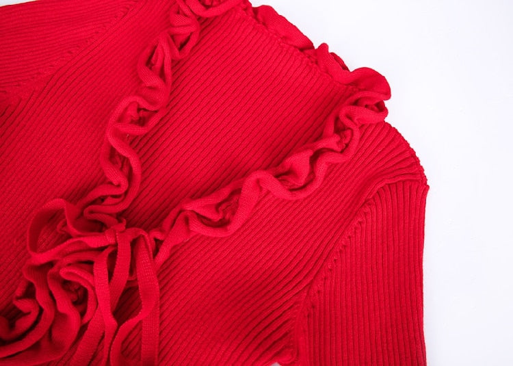 Fall New Arrival Slim V-Neck Ruffle Women Buttons Sweater Elastic Flare Sleeve Knitted Cardigans Long Sleeve Tops