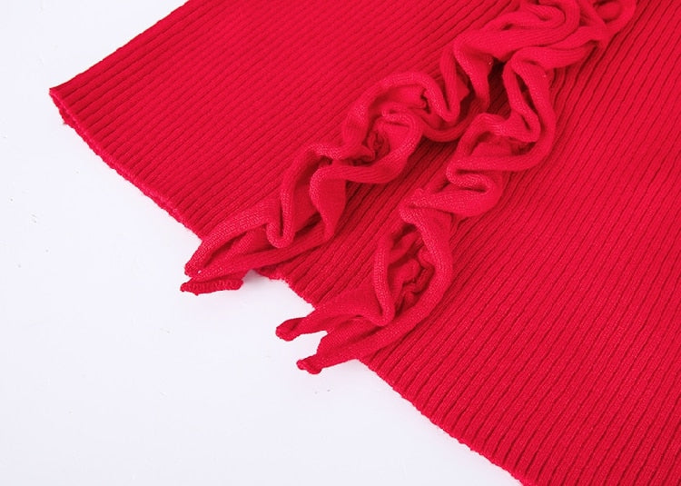 Fall New Arrival Slim V-Neck Ruffle Women Buttons Sweater Elastic Flare Sleeve Knitted Cardigans Long Sleeve Tops