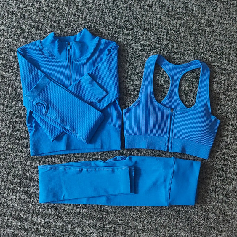 Seamless Yoga Set Zipper Long Sleeve Sport Suit Drawstring High Waist Gym Leggings Workout Clothes For Women Sportswear