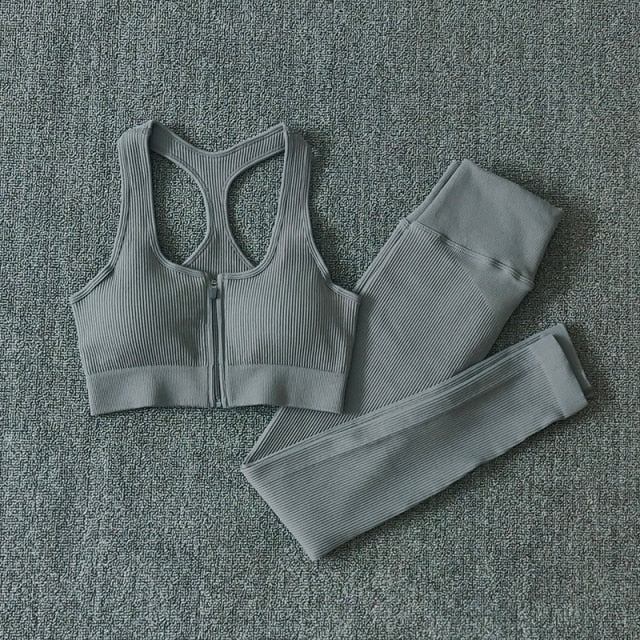 Seamless Yoga Set Zipper Long Sleeve Sport Suit Drawstring High Waist Gym Leggings Workout Clothes For Women Sportswear