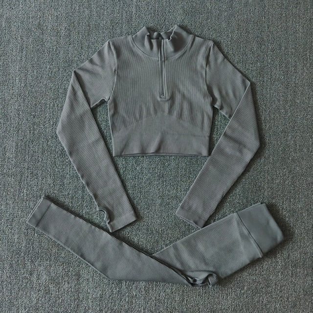 Seamless Yoga Set Zipper Long Sleeve Sport Suit Drawstring High Waist Gym Leggings Workout Clothes For Women Sportswear