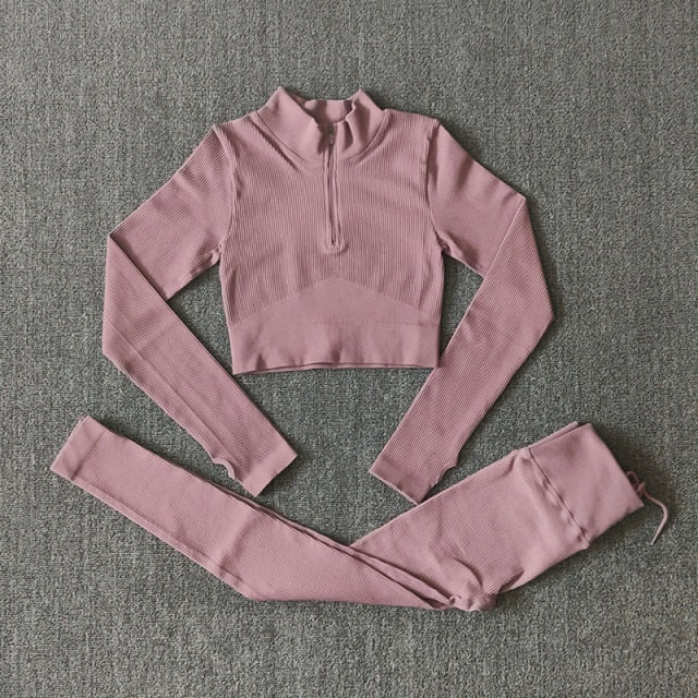 Seamless Yoga Set Zipper Long Sleeve Sport Suit Drawstring High Waist Gym Leggings Workout Clothes For Women Sportswear