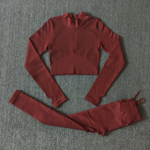 Seamless Yoga Set Zipper Long Sleeve Sport Suit Drawstring High Waist Gym Leggings Workout Clothes For Women Sportswear