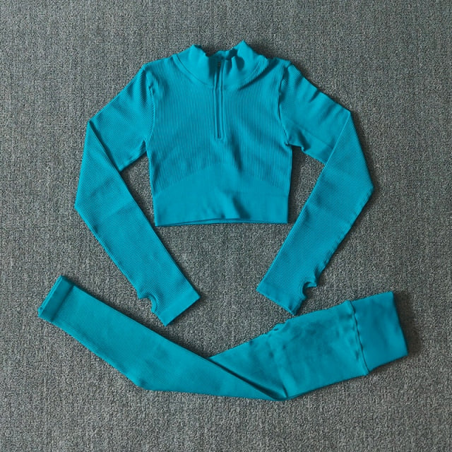 Seamless Yoga Set Zipper Long Sleeve Sport Suit Drawstring High Waist Gym Leggings Workout Clothes For Women Sportswear