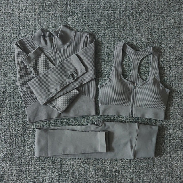 Seamless Yoga Set Zipper Long Sleeve Sport Suit Drawstring High Waist Gym Leggings Workout Clothes For Women Sportswear
