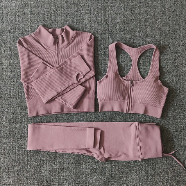 Seamless Yoga Set Zipper Long Sleeve Sport Suit Drawstring High Waist Gym Leggings Workout Clothes For Women Sportswear