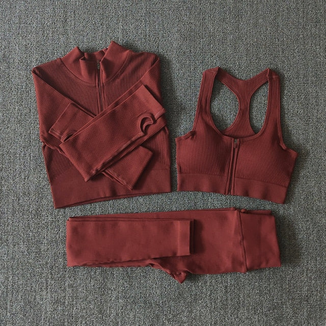 Seamless Yoga Set Zipper Long Sleeve Sport Suit Drawstring High Waist Gym Leggings Workout Clothes For Women Sportswear