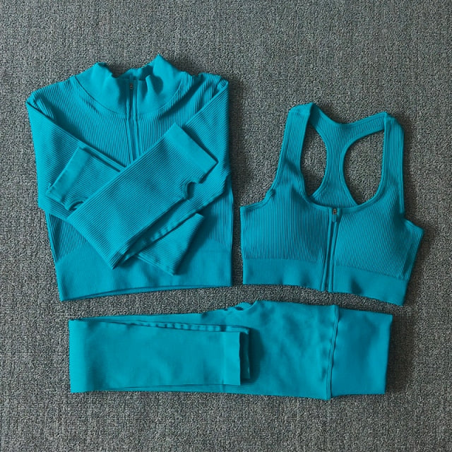 Seamless Yoga Set Zipper Long Sleeve Sport Suit Drawstring High Waist Gym Leggings Workout Clothes For Women Sportswear