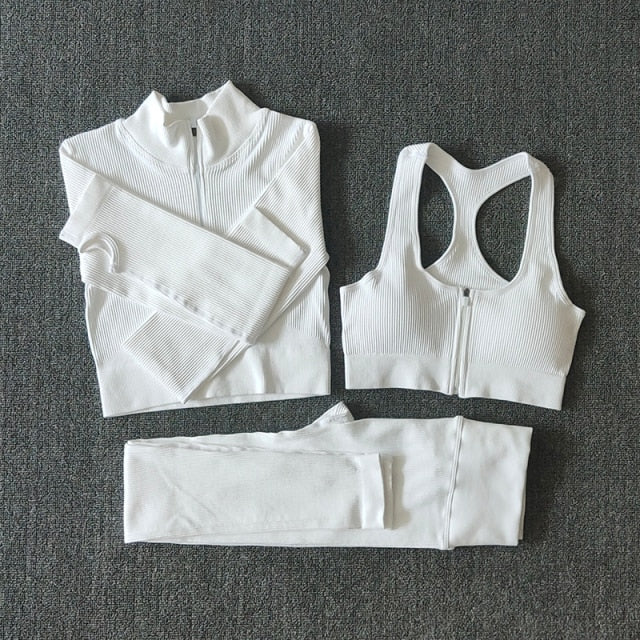 Seamless Yoga Set Zipper Long Sleeve Sport Suit Drawstring High Waist Gym Leggings Workout Clothes For Women Sportswear