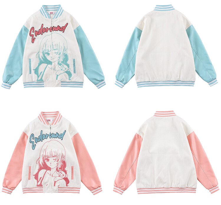 Jacket Men Comics Girl Print Patchwork Color Baseball Jackets College Style Baggy Casual Outwear Cozy Couple Streetwear