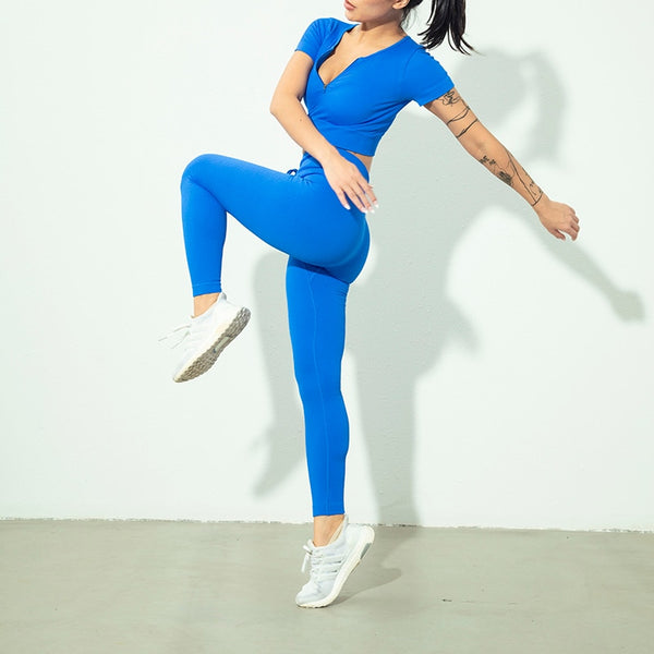 Seamless Zipper Women Yoga Set Workout Shirts Sport Pants Gym Suits Fitness Short Sleeve Crop Top High Waist Leggings Sports Set