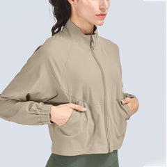 Lightweight Full Zipper Sport Jacket Coat Women Leisure Workout Gym Yoga Cropped Windbreaker with Pocket