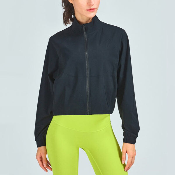 Lightweight Full Zipper Sport Jacket Coat Women Leisure Workout Gym Yoga Cropped Windbreaker with Pocket